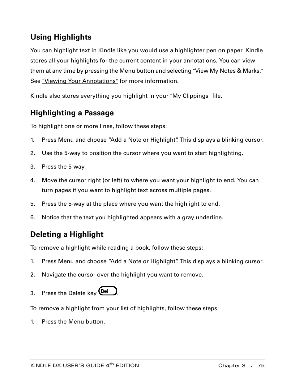 Using highlights, Highlighting a passage, Deleting a highlight | Amazon Technologies KINDLE DX User Manual | Page 75 / 184