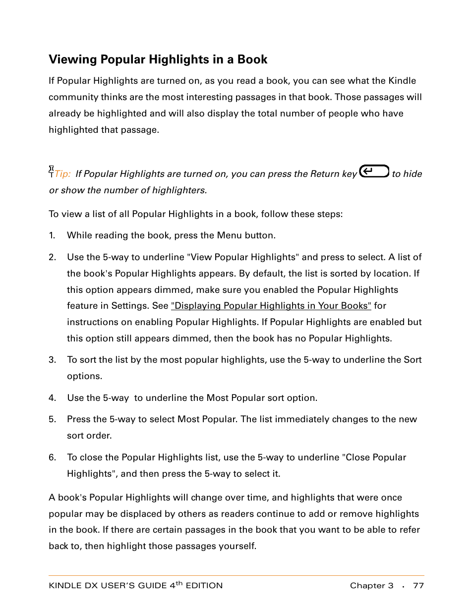 Viewing popular highlights in a book | Amazon Technologies KINDLE DX User Manual | Page 77 / 184