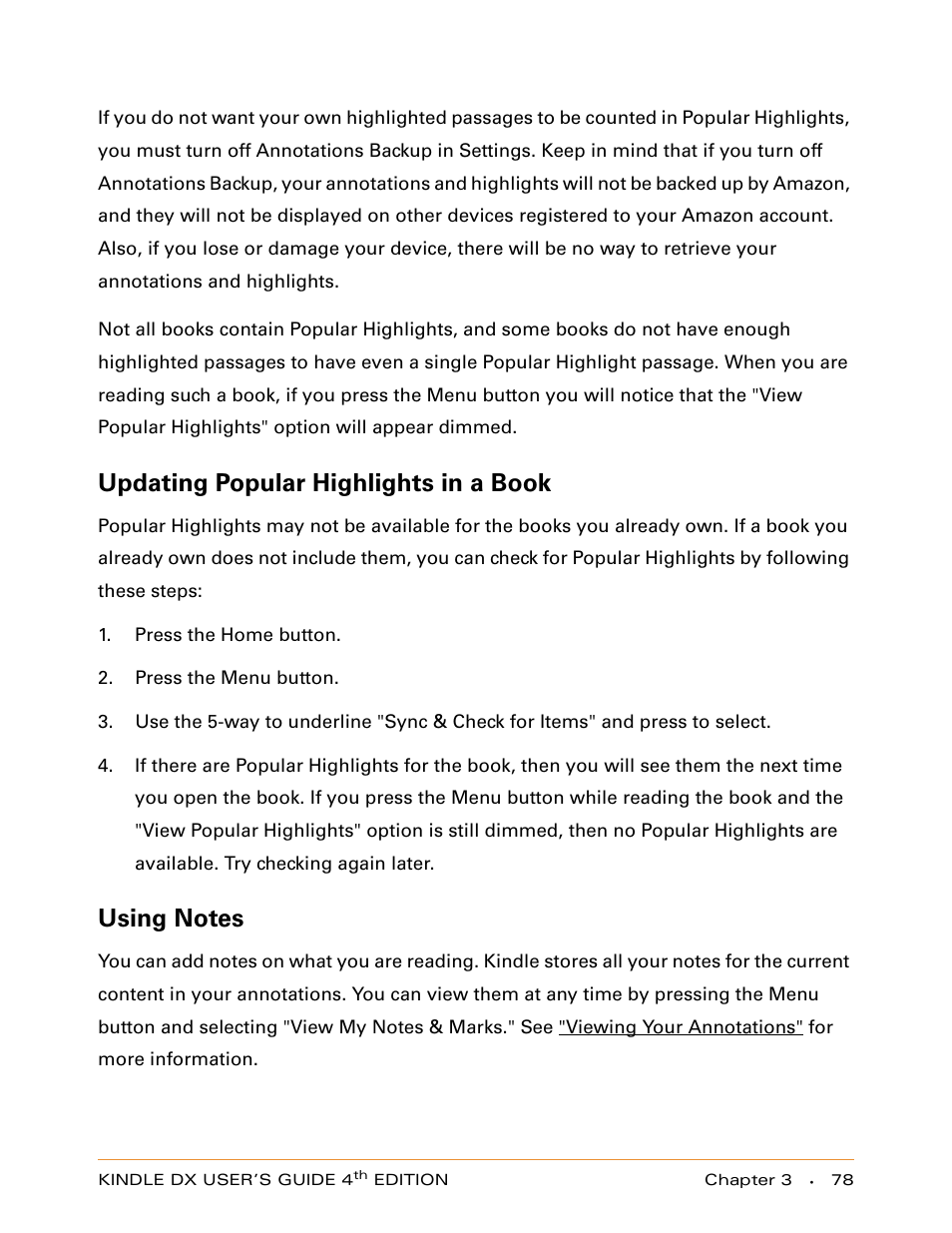 Updating popular highlights in a book, Using notes | Amazon Technologies KINDLE DX User Manual | Page 78 / 184