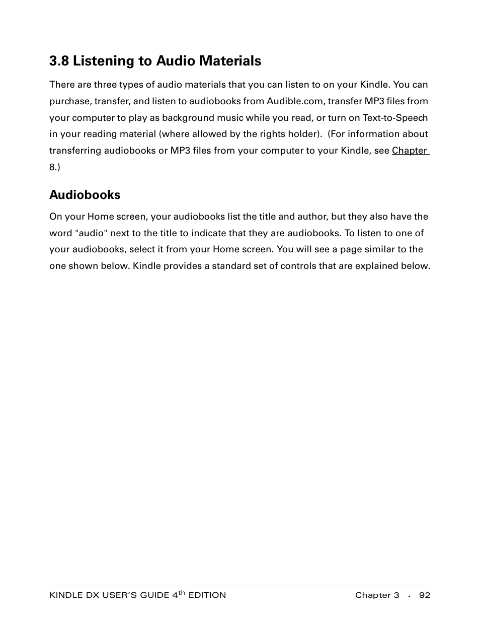 8 listening to audio materials, Audiobooks | Amazon Technologies KINDLE DX User Manual | Page 92 / 184