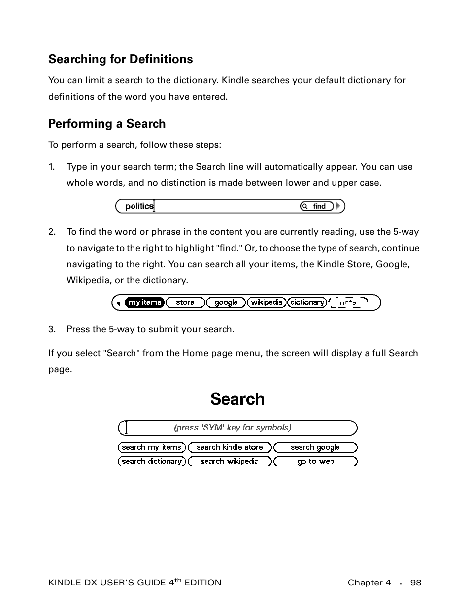 Searching for definitions, Performing a search | Amazon Technologies KINDLE DX User Manual | Page 98 / 184