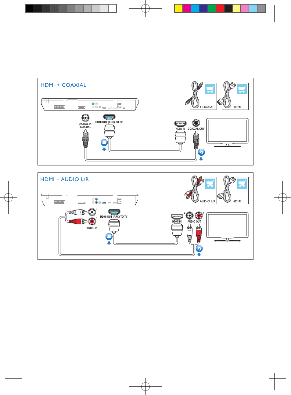 Hdmi arc hdmi + optical, Hdmi + coaxial, Hdmi + audio l/r | Philips Sistema de cine en casa 5.1 User Manual | Page 7 / 14