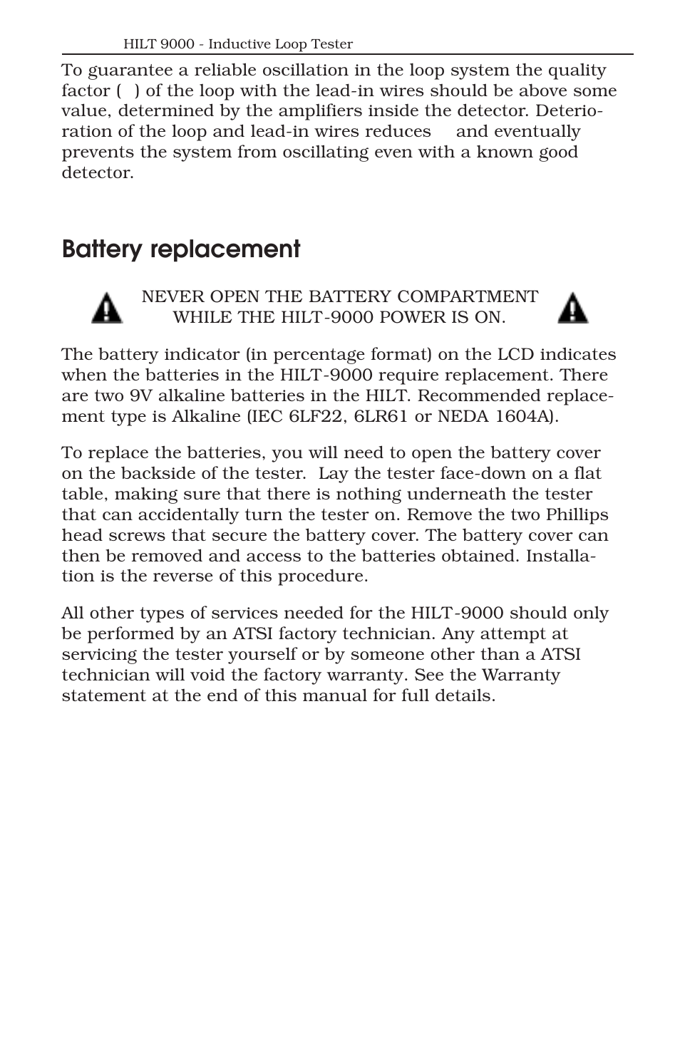 Battery replacement | ATS Handheld Inductive Loop Tester HILT 9000 User Manual | Page 12 / 17