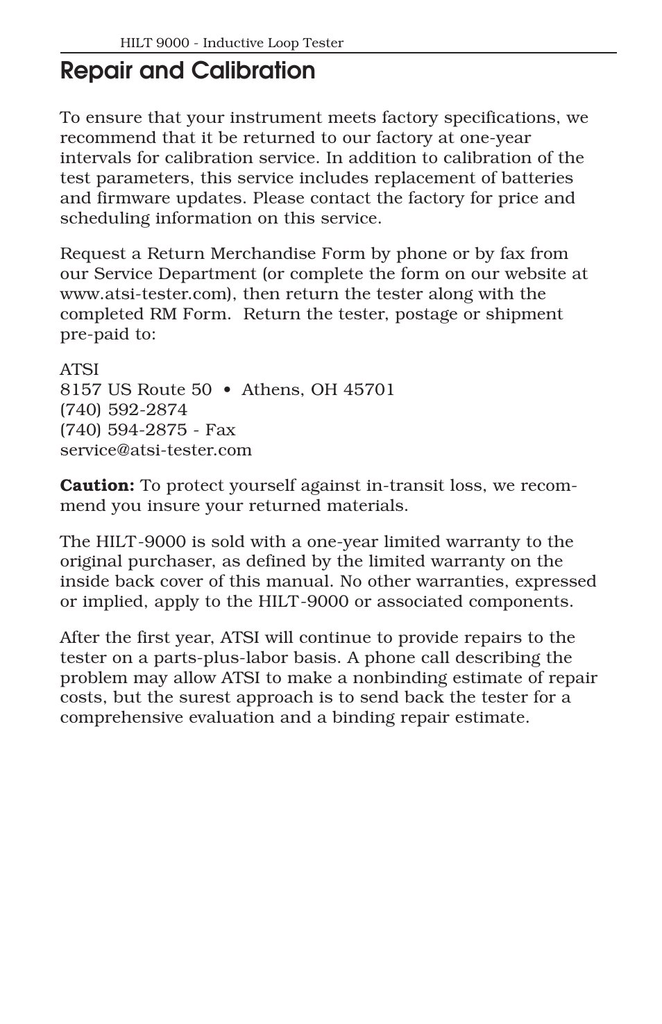 Repair and calibration | ATS Handheld Inductive Loop Tester HILT 9000 User Manual | Page 14 / 17
