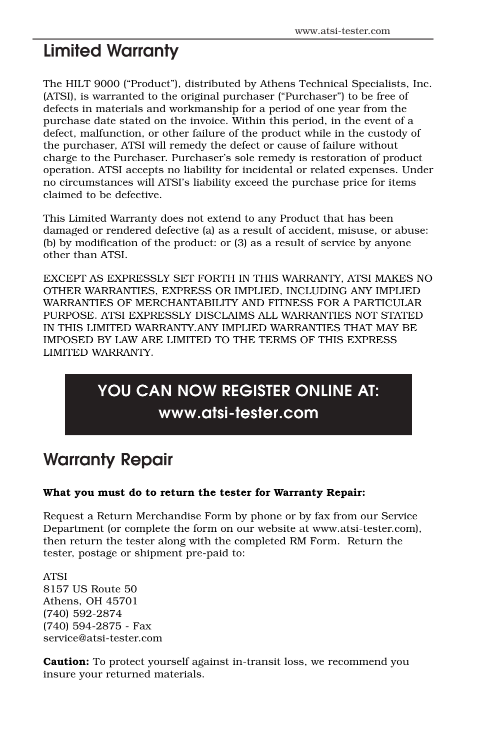 Limited warranty, Warranty repair | ATS Handheld Inductive Loop Tester HILT 9000 User Manual | Page 17 / 17