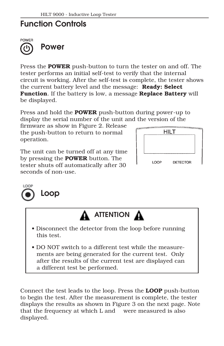 Function controls power, Loop | ATS Handheld Inductive Loop Tester HILT 9000 User Manual | Page 6 / 17