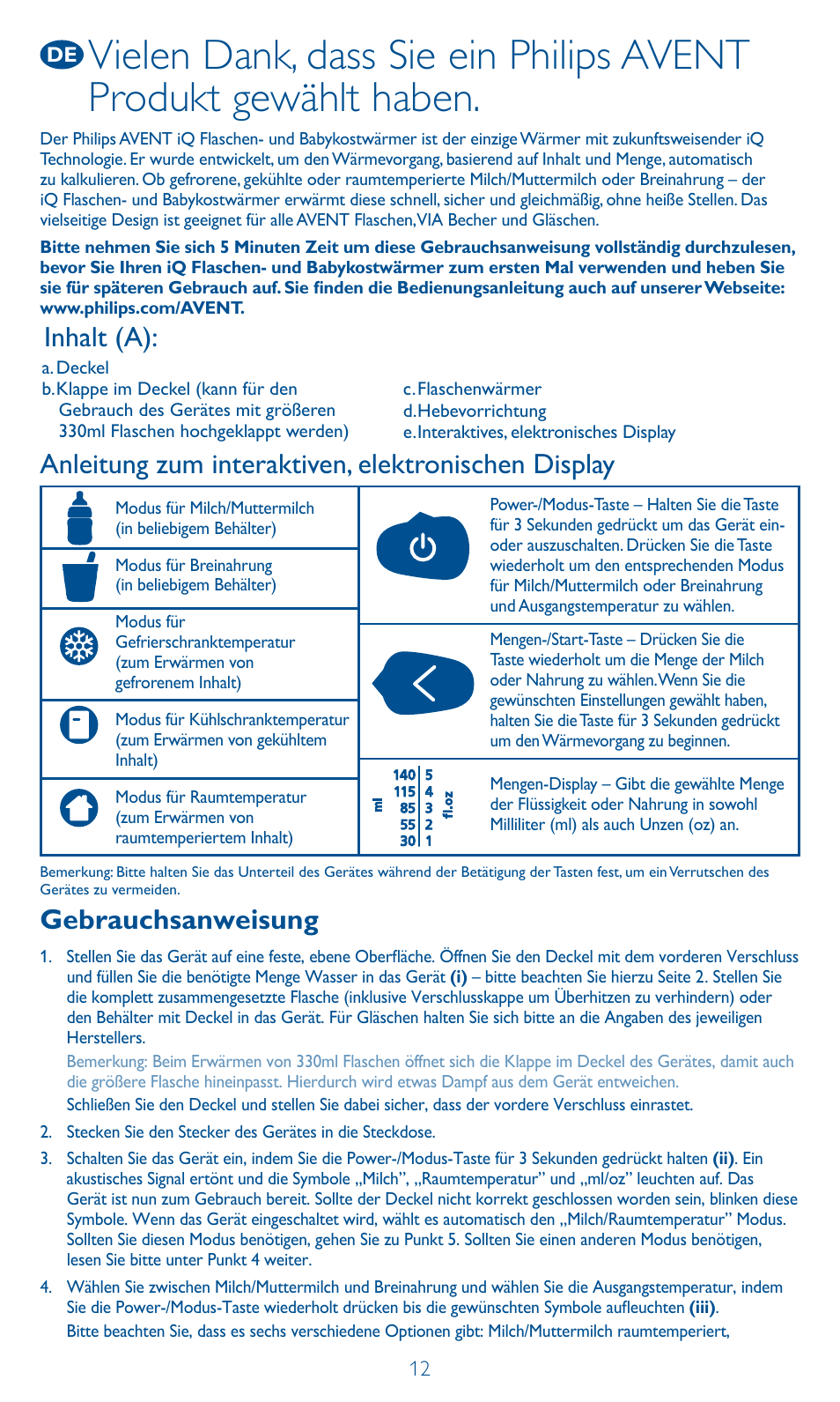 Inhalt (a), Gebrauchsanweisung, Anleitung zum interaktiven, elektronischen display | Philips AVENT Calientabiberones digital User Manual | Page 12 / 64