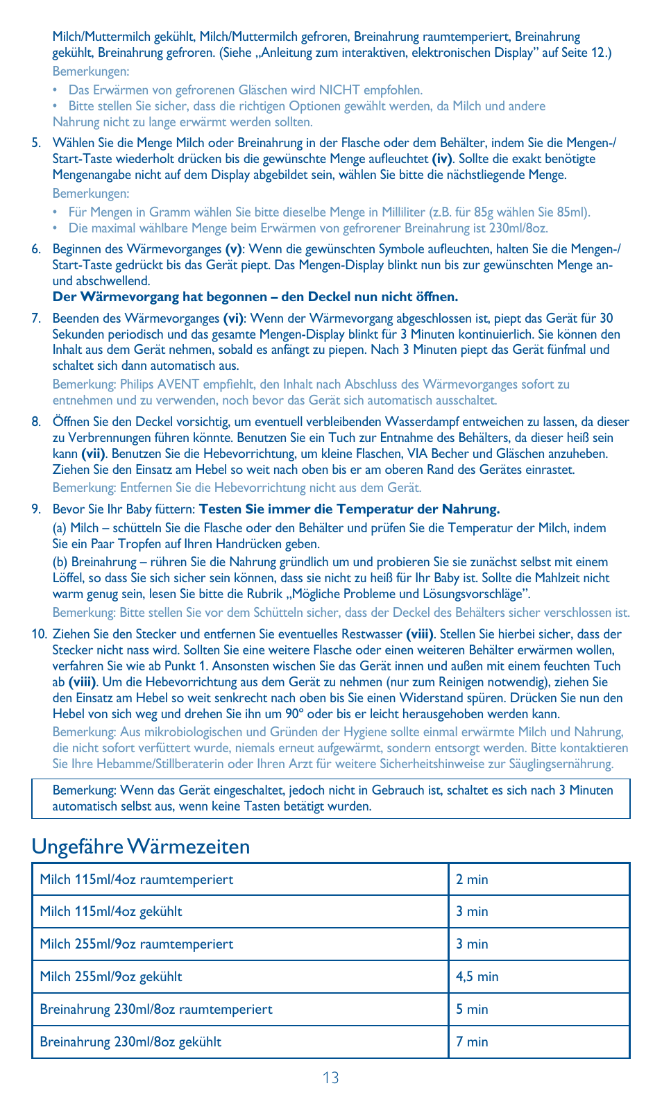 Ungefähre wärmezeiten | Philips AVENT Calientabiberones digital User Manual | Page 13 / 64