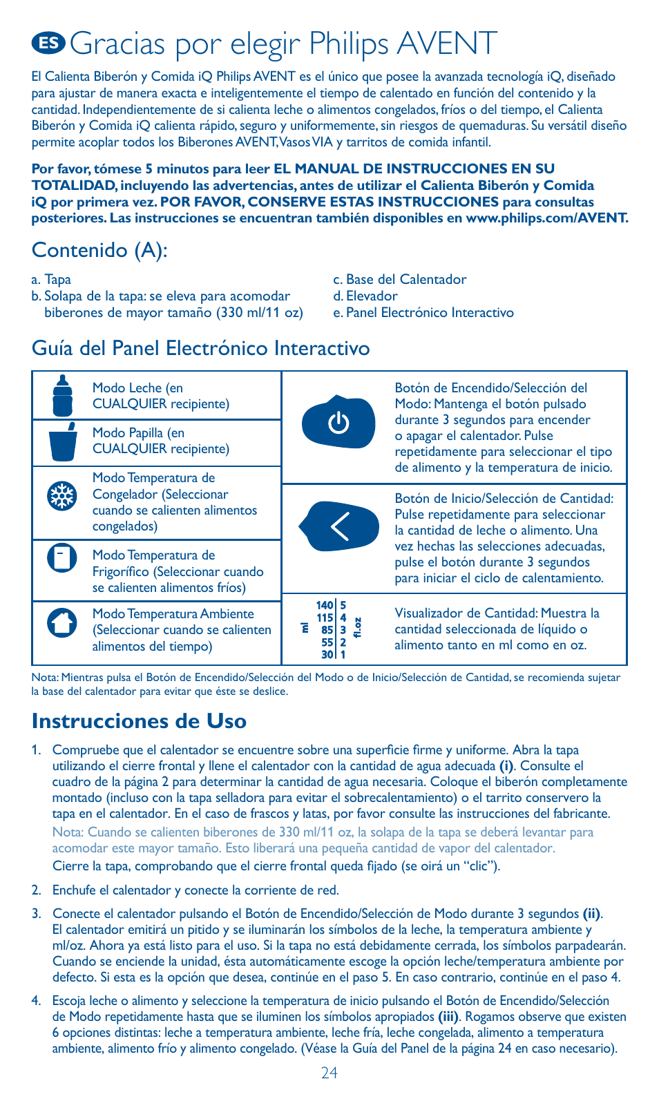 Gracias por elegir philips avent, Instrucciones de uso | Philips AVENT Calientabiberones digital User Manual | Page 24 / 64