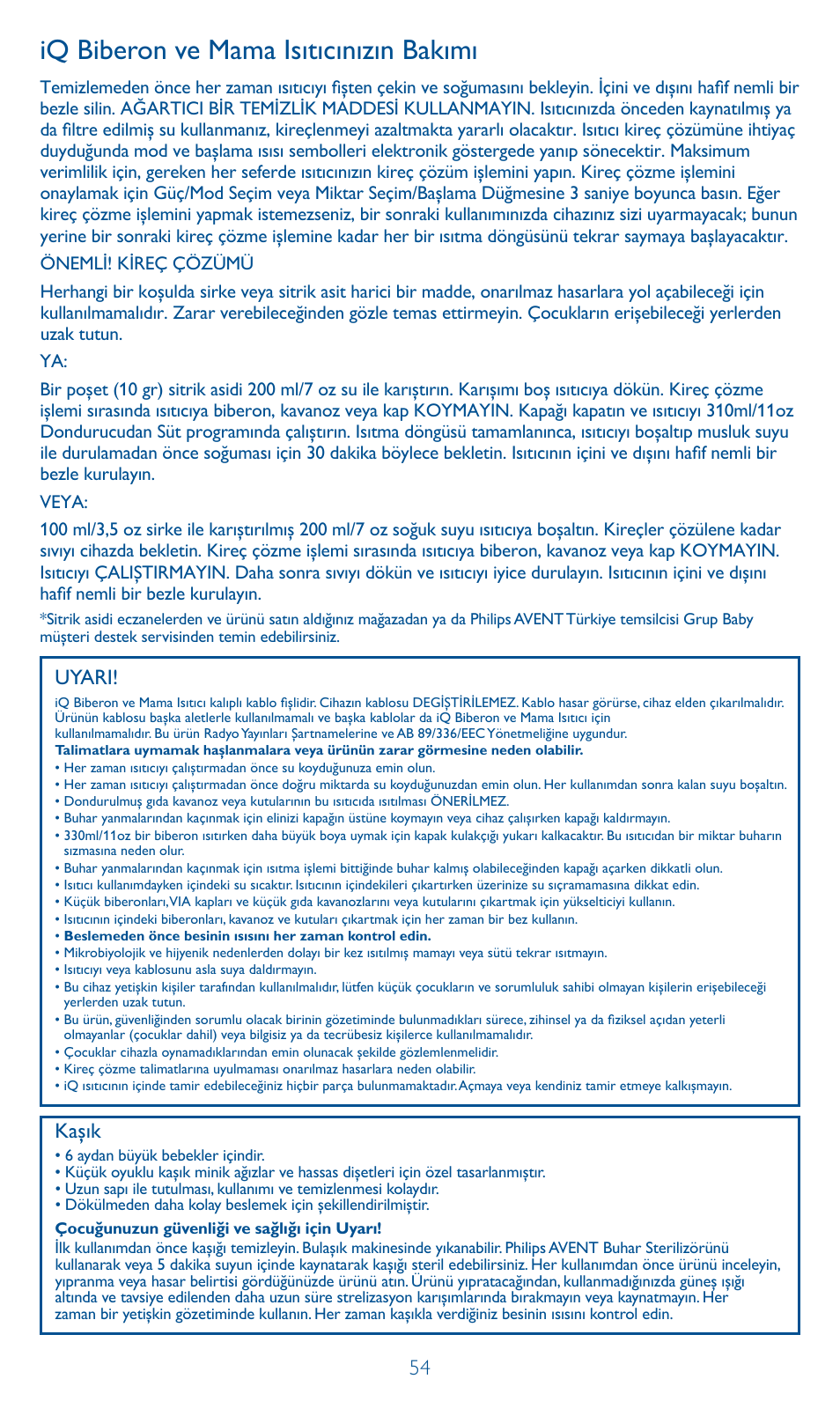 Iq biberon ve mama isıtıcınızın bakımı, Uyari, Kaşık | Philips AVENT Calientabiberones digital User Manual | Page 54 / 64