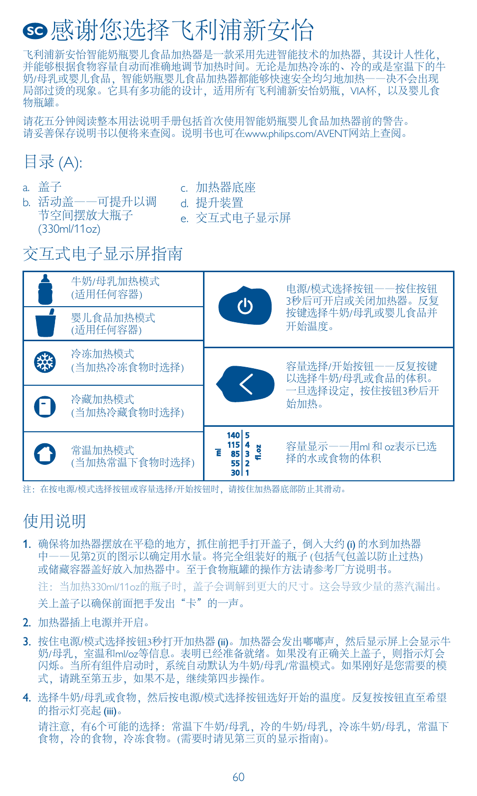 感谢您选择飞利浦新安怡, 使用说明, 交互式电子显示屏指南 | 目录 (a) | Philips AVENT Calientabiberones digital User Manual | Page 60 / 64