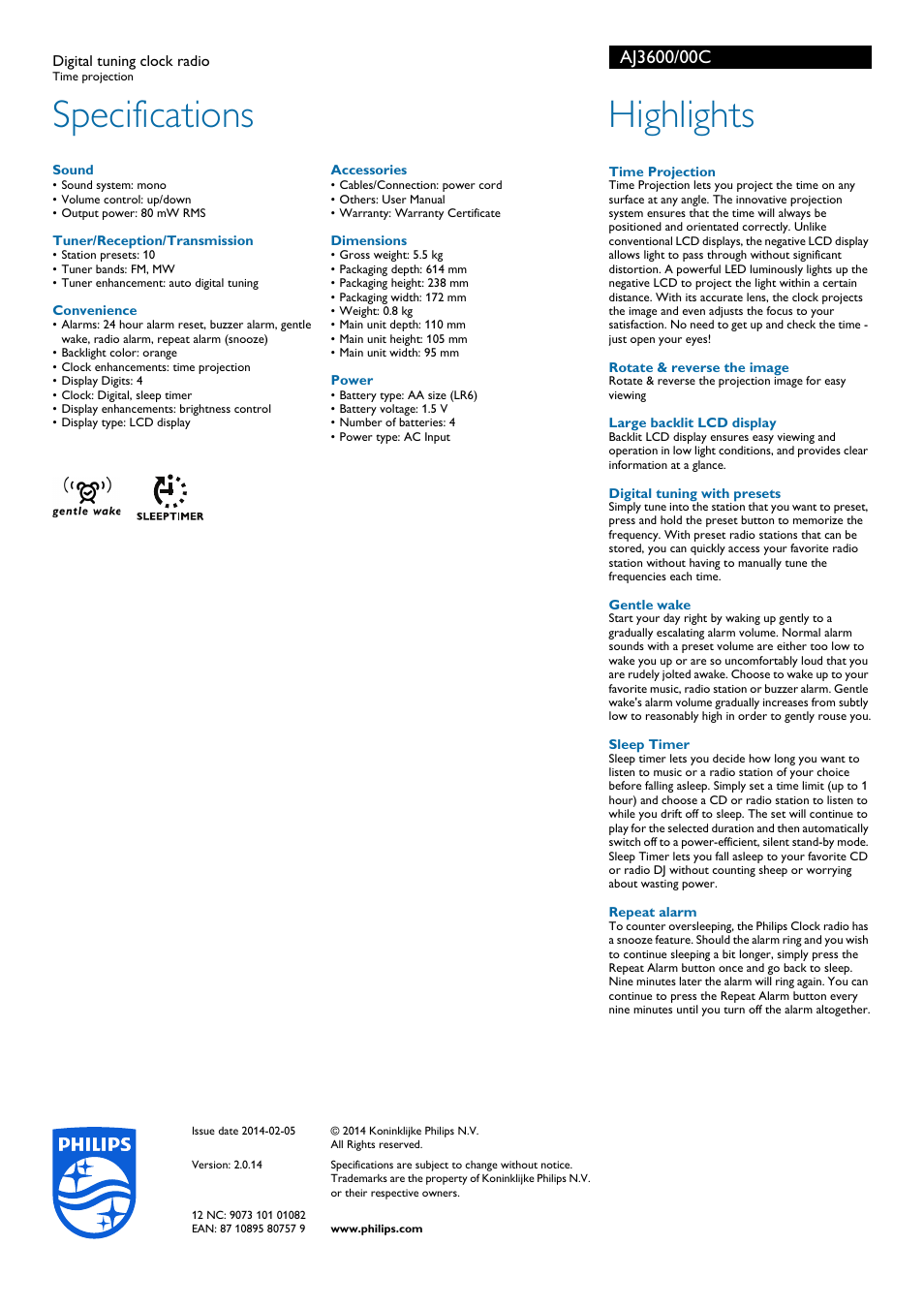 Specifications, Highlights | Philips Radio reloj con sintonización digital User Manual | Page 2 / 2