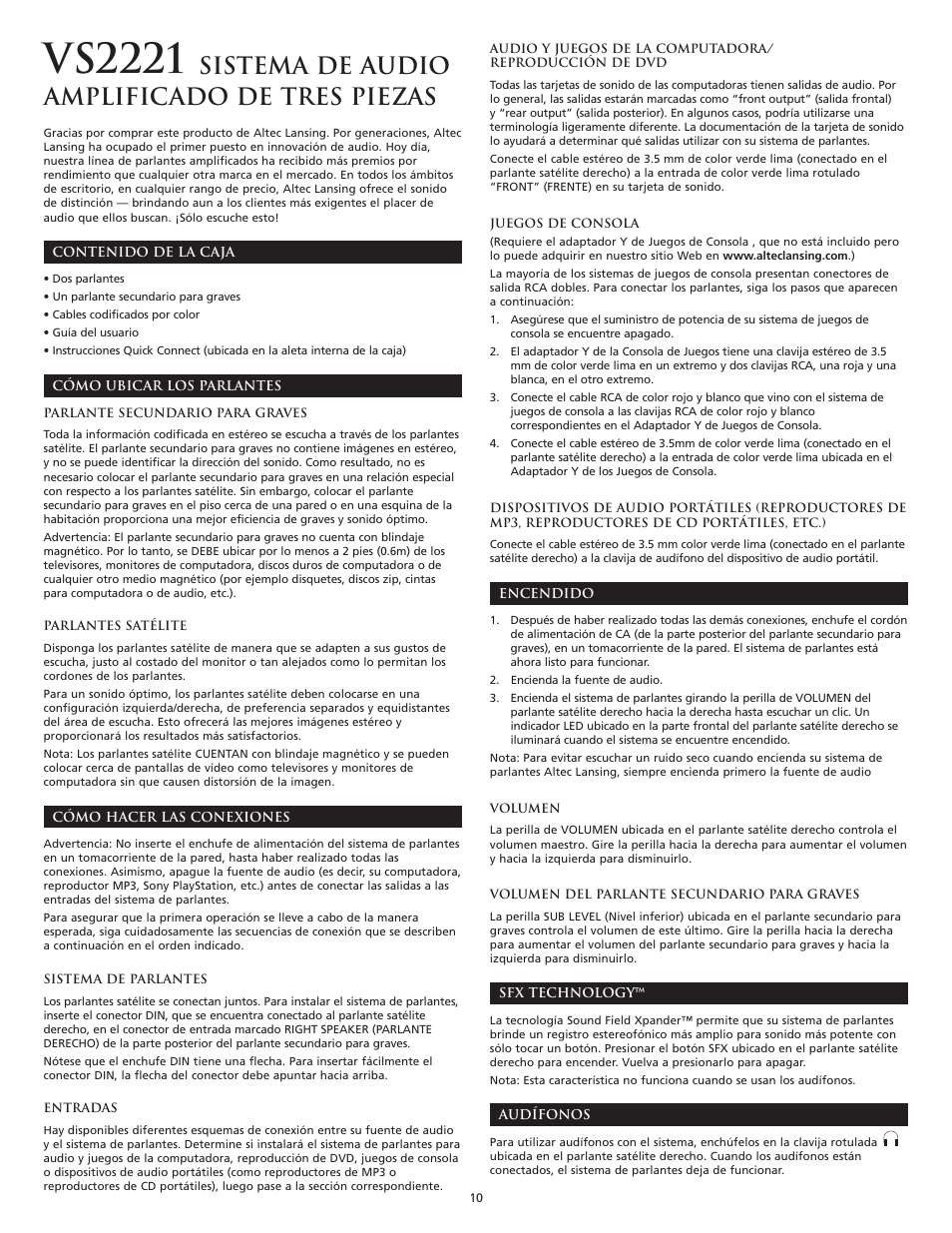 Vs2221, Sistema de audio amplificado de tres piezas | Altec Lansing VS2221 User Manual | Page 12 / 20