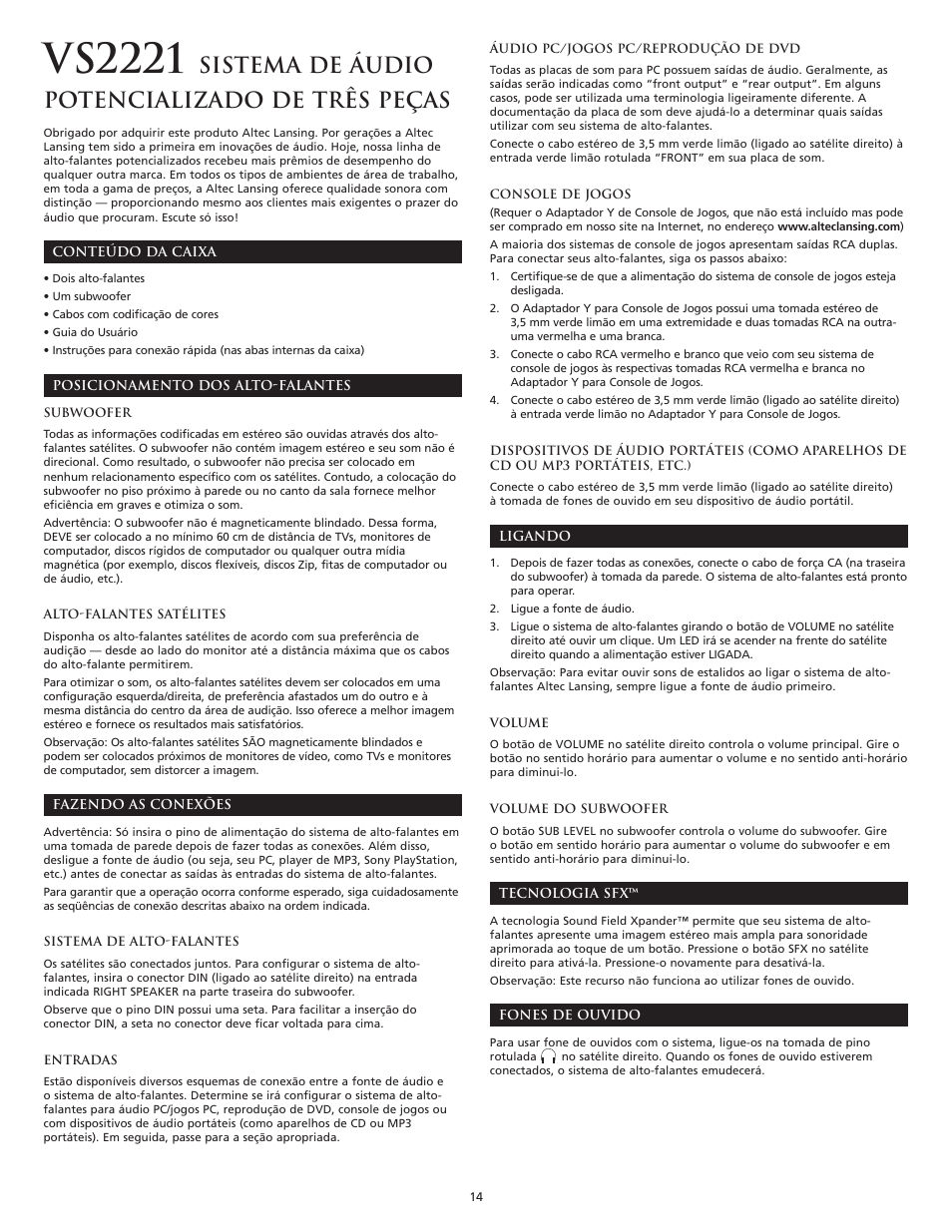 Vs2221, Sistema de áudio potencializado de três peças | Altec Lansing VS2221 User Manual | Page 16 / 20