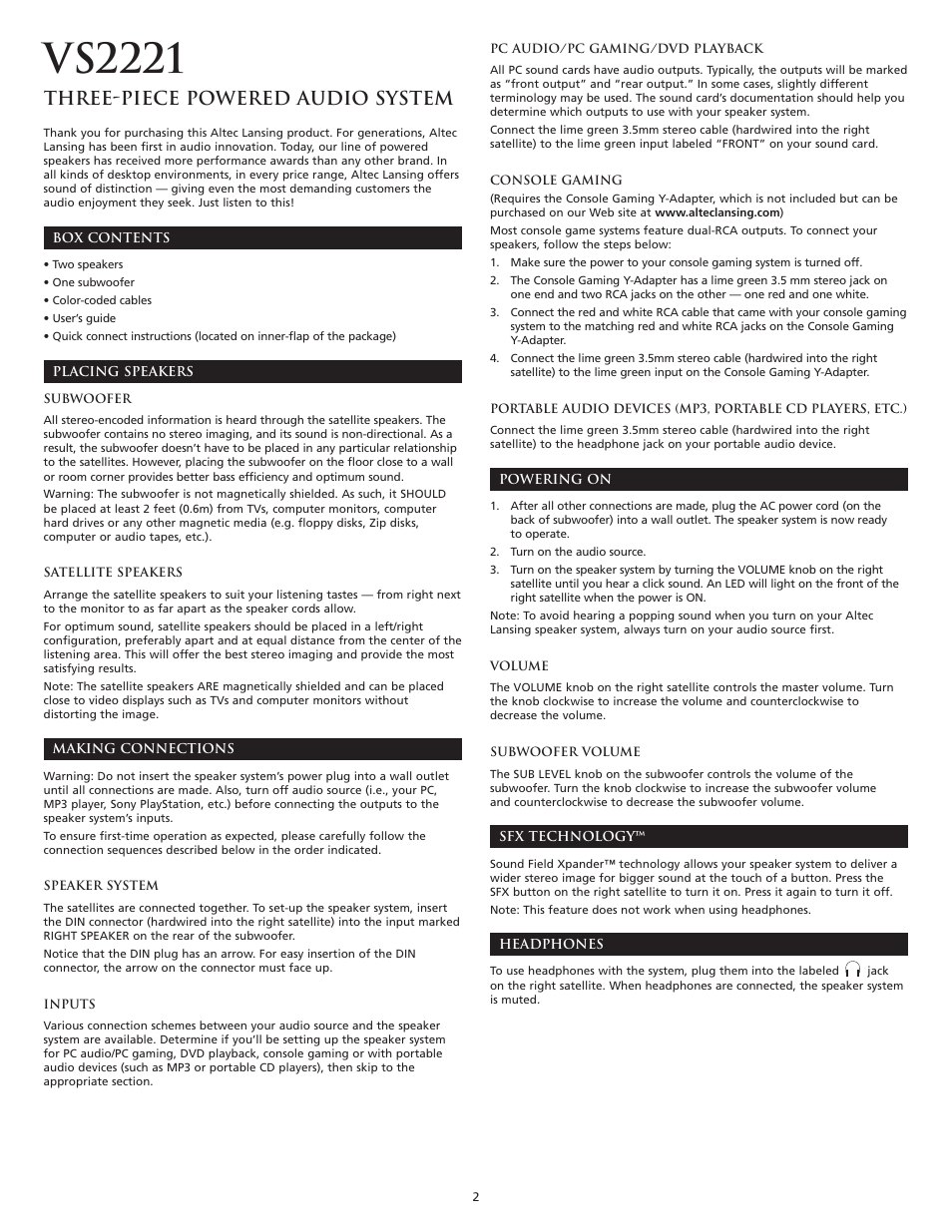 Vs2221, Three-piece powered audio system | Altec Lansing VS2221 User Manual | Page 4 / 20