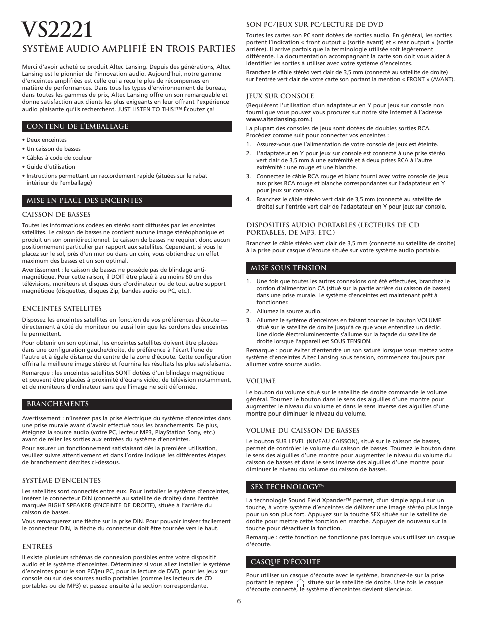 Vs2221, Système audio amplifié en trois parties | Altec Lansing VS2221 User Manual | Page 8 / 20