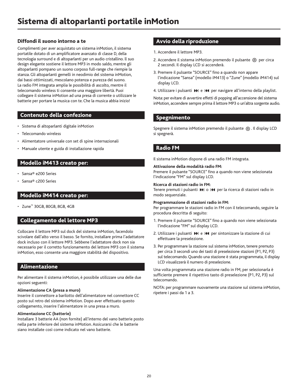 Sistema di altoparlanti portatile inmotion | Altec Lansing IN MOTION 1M414 User Manual | Page 20 / 44