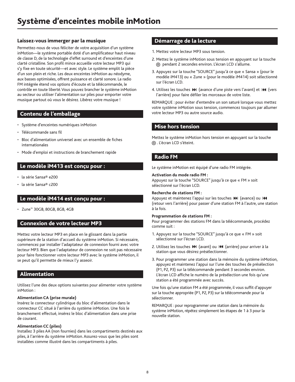 Système d’enceintes mobile inmotion | Altec Lansing IN MOTION 1M414 User Manual | Page 8 / 44