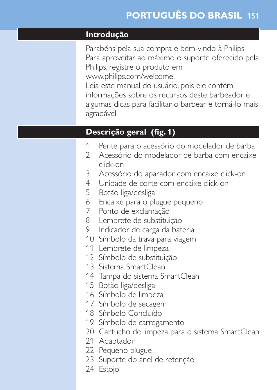 Português do brasil, Português do brasil 1 | Philips SHAVER Series 9000 afeitadora eléctrica en mojado y seco User Manual | Page 151 / 208