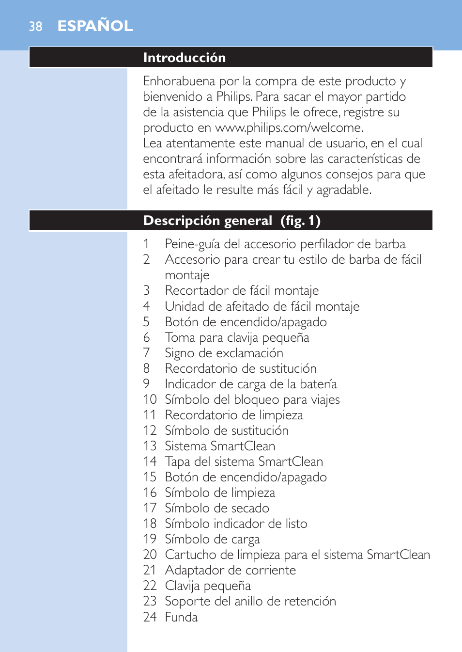 Español | Philips SHAVER Series 9000 afeitadora eléctrica en mojado y seco User Manual | Page 38 / 208