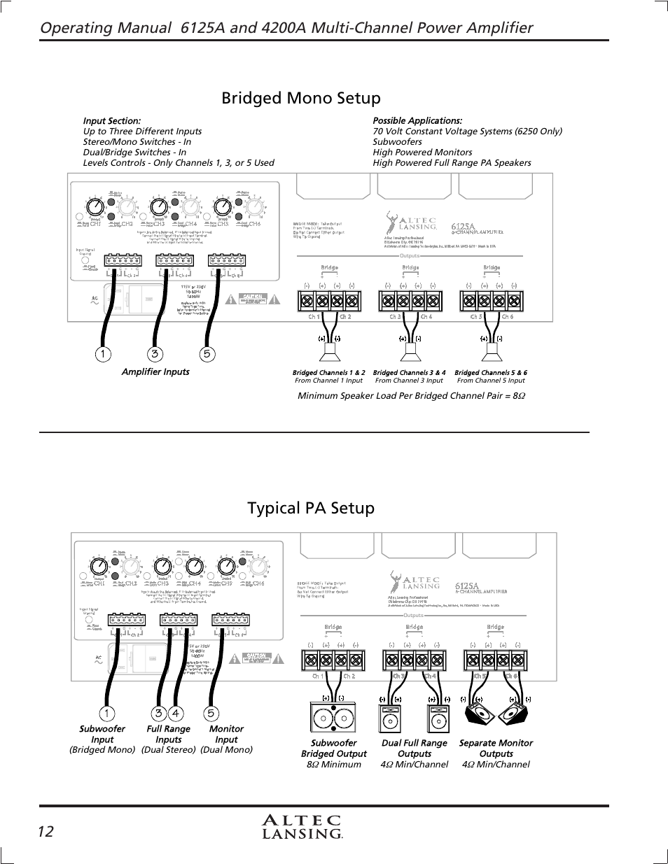 Bridged mono setup, Typical pa setup, 3 bridged mono setup 9.4 typical pa setup | Altec Lansing 4200A User Manual | Page 12 / 16