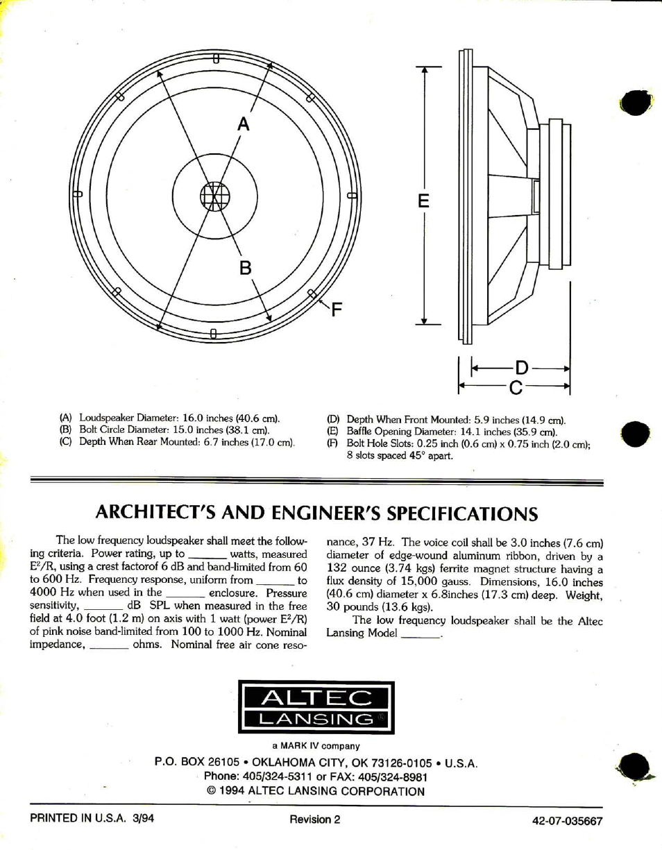 Architect's and engineer's specifications | Altec Lansing 515-G User Manual | Page 4 / 4