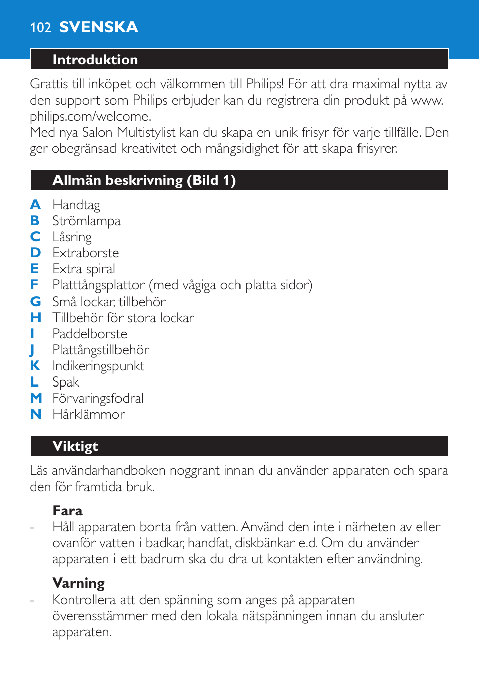 Fara, Varning, Svenska | Introduktion, Allmän beskrivning (bild 1), Viktigt | Philips SalonMultistylist Plancha multiestilo User Manual | Page 102 / 120