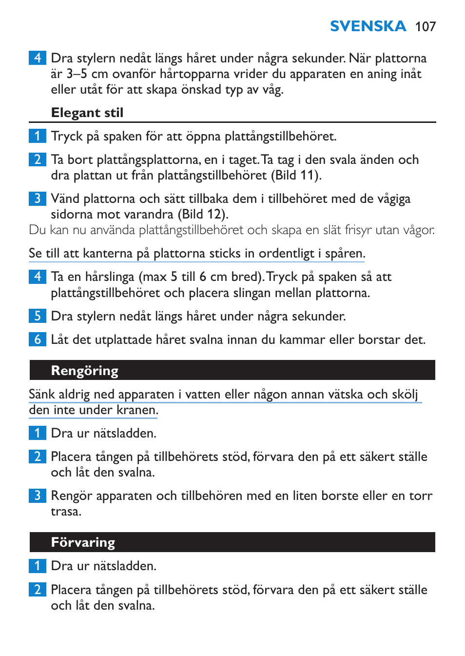 Elegant stil, Rengöring, Förvaring | Philips SalonMultistylist Plancha multiestilo User Manual | Page 107 / 120