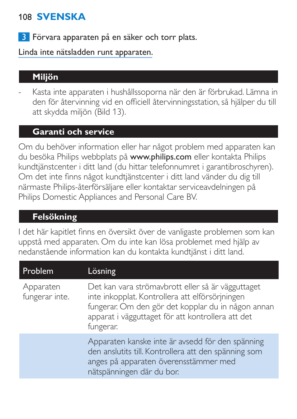 Miljön, Garanti och service, Felsökning | Philips SalonMultistylist Plancha multiestilo User Manual | Page 108 / 120