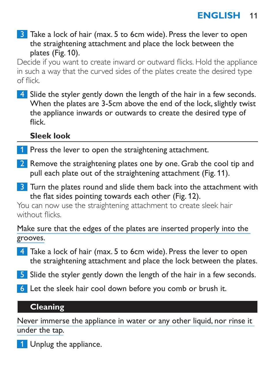 Sleek look, Cleaning | Philips SalonMultistylist Plancha multiestilo User Manual | Page 11 / 120
