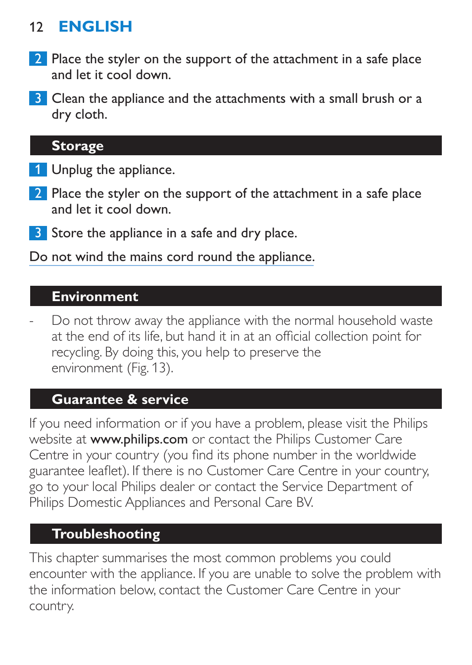 Storage, Environment, Guarantee & service | Troubleshooting | Philips SalonMultistylist Plancha multiestilo User Manual | Page 12 / 120