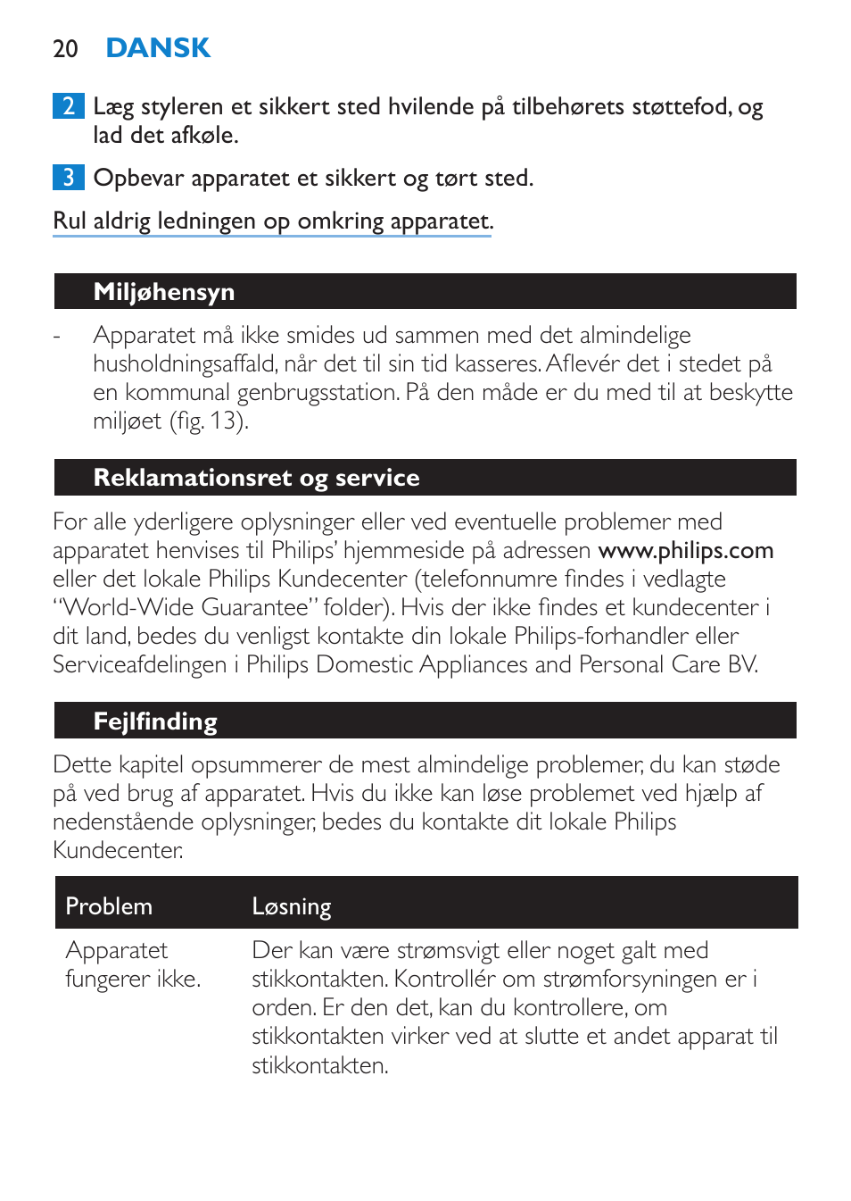 Miljøhensyn, Reklamationsret og service, Fejlfinding | Philips SalonMultistylist Plancha multiestilo User Manual | Page 20 / 120