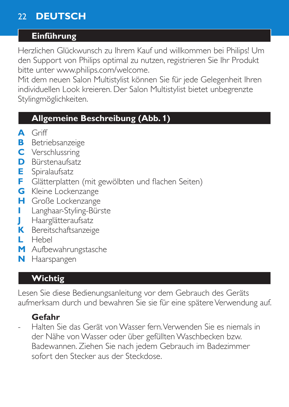 Gefahr, Deutsch, Einführung | Allgemeine beschreibung (abb. 1), Wichtig | Philips SalonMultistylist Plancha multiestilo User Manual | Page 22 / 120