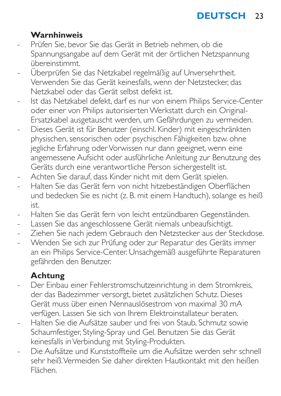 Warnhinweis, Achtung | Philips SalonMultistylist Plancha multiestilo User Manual | Page 23 / 120