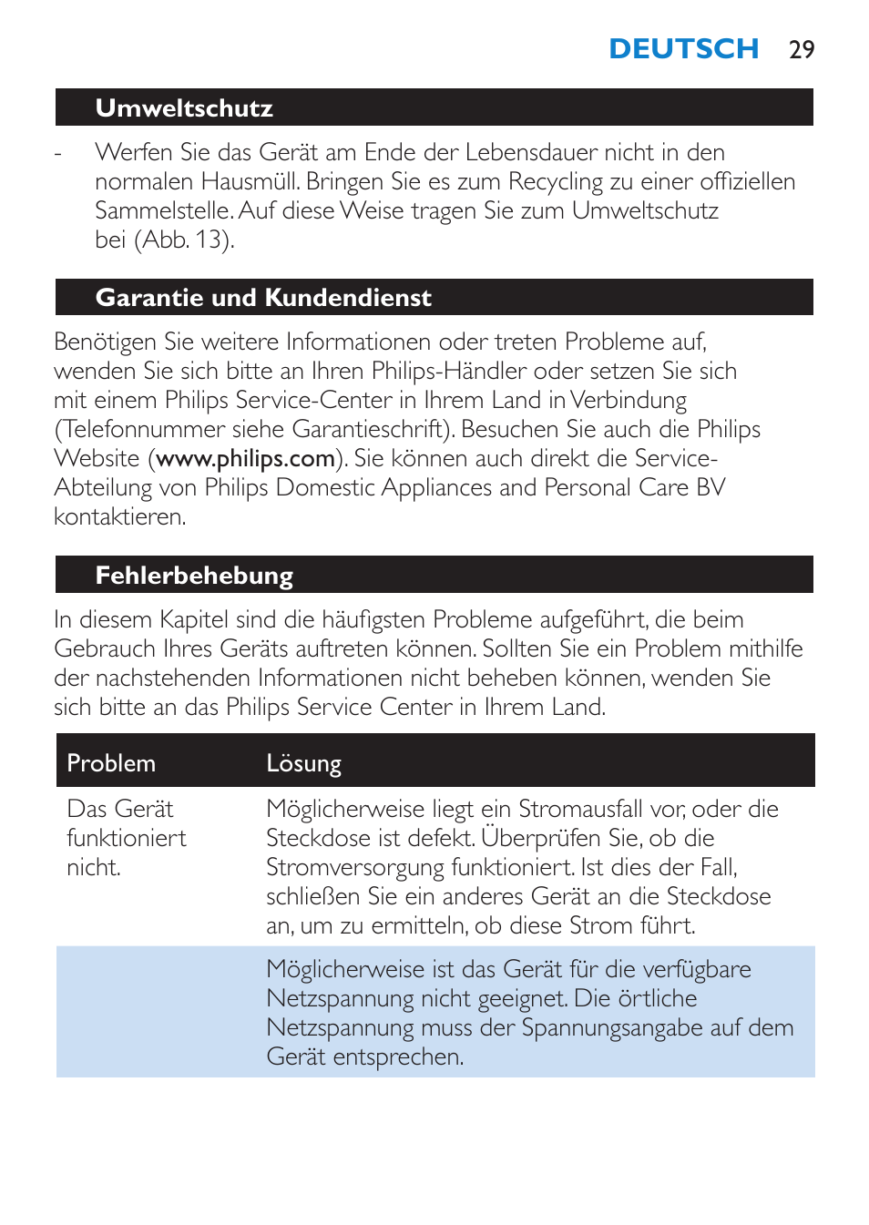 Umweltschutz, Garantie und kundendienst, Fehlerbehebung | Philips SalonMultistylist Plancha multiestilo User Manual | Page 29 / 120
