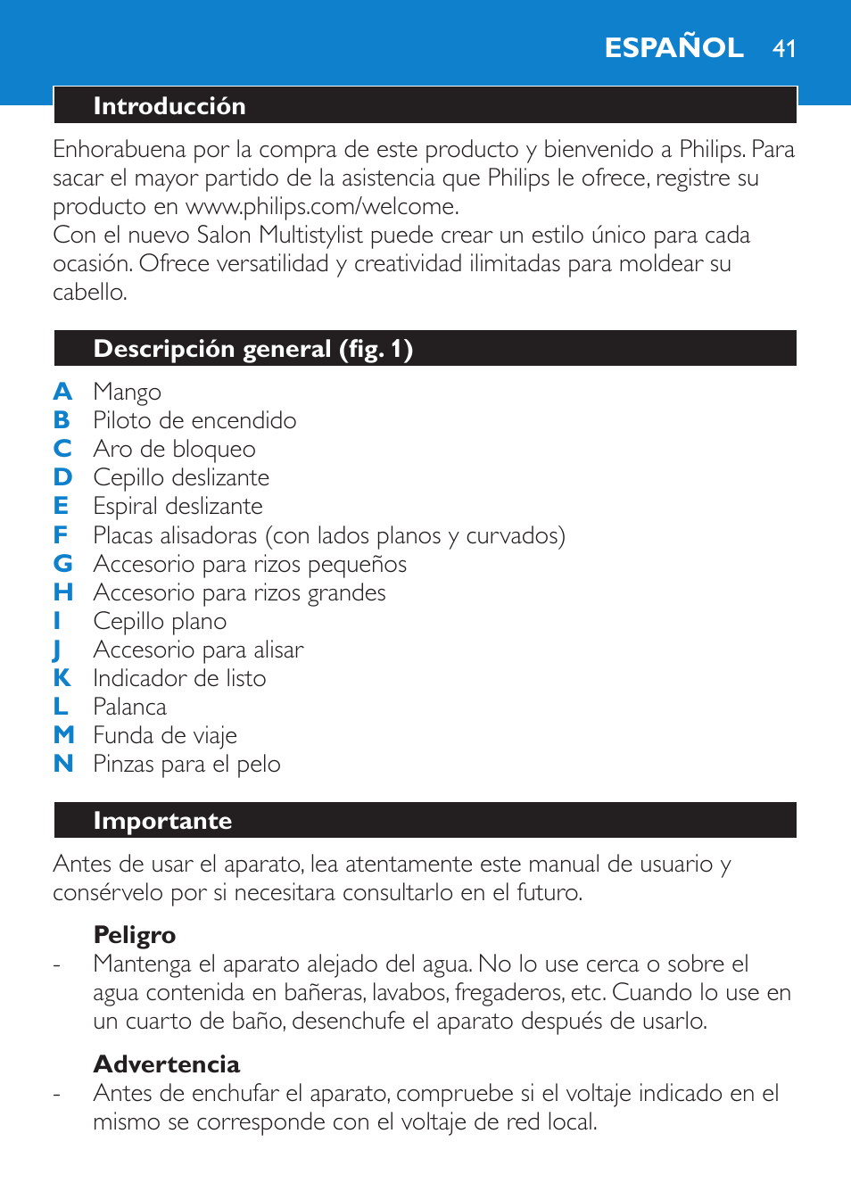 Peligro, Advertencia, Español | Introducción, Descripción general (fig. 1), Importante | Philips SalonMultistylist Plancha multiestilo User Manual | Page 41 / 120