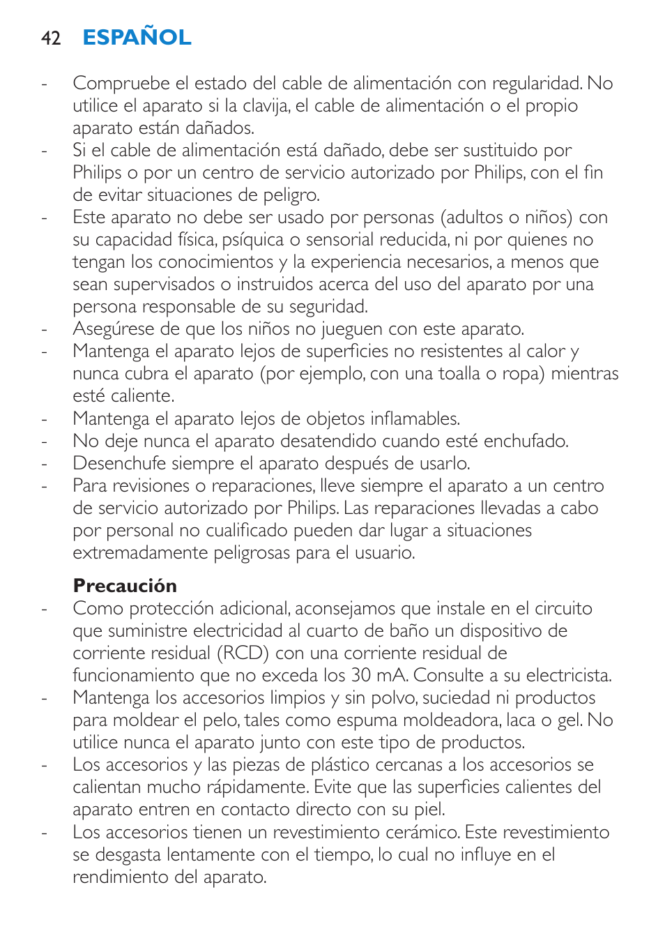 Precaución | Philips SalonMultistylist Plancha multiestilo User Manual | Page 42 / 120