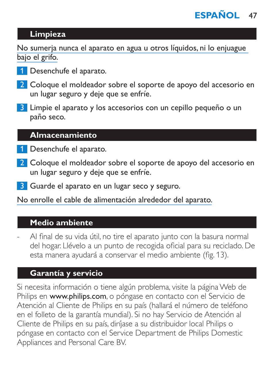 Limpieza, Almacenamiento, Medio ambiente | Garantía y servicio | Philips SalonMultistylist Plancha multiestilo User Manual | Page 47 / 120