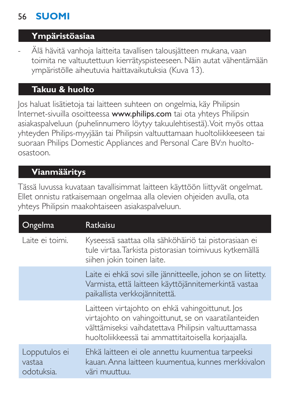 Ympäristöasiaa, Takuu & huolto, Vianmääritys | Philips SalonMultistylist Plancha multiestilo User Manual | Page 56 / 120