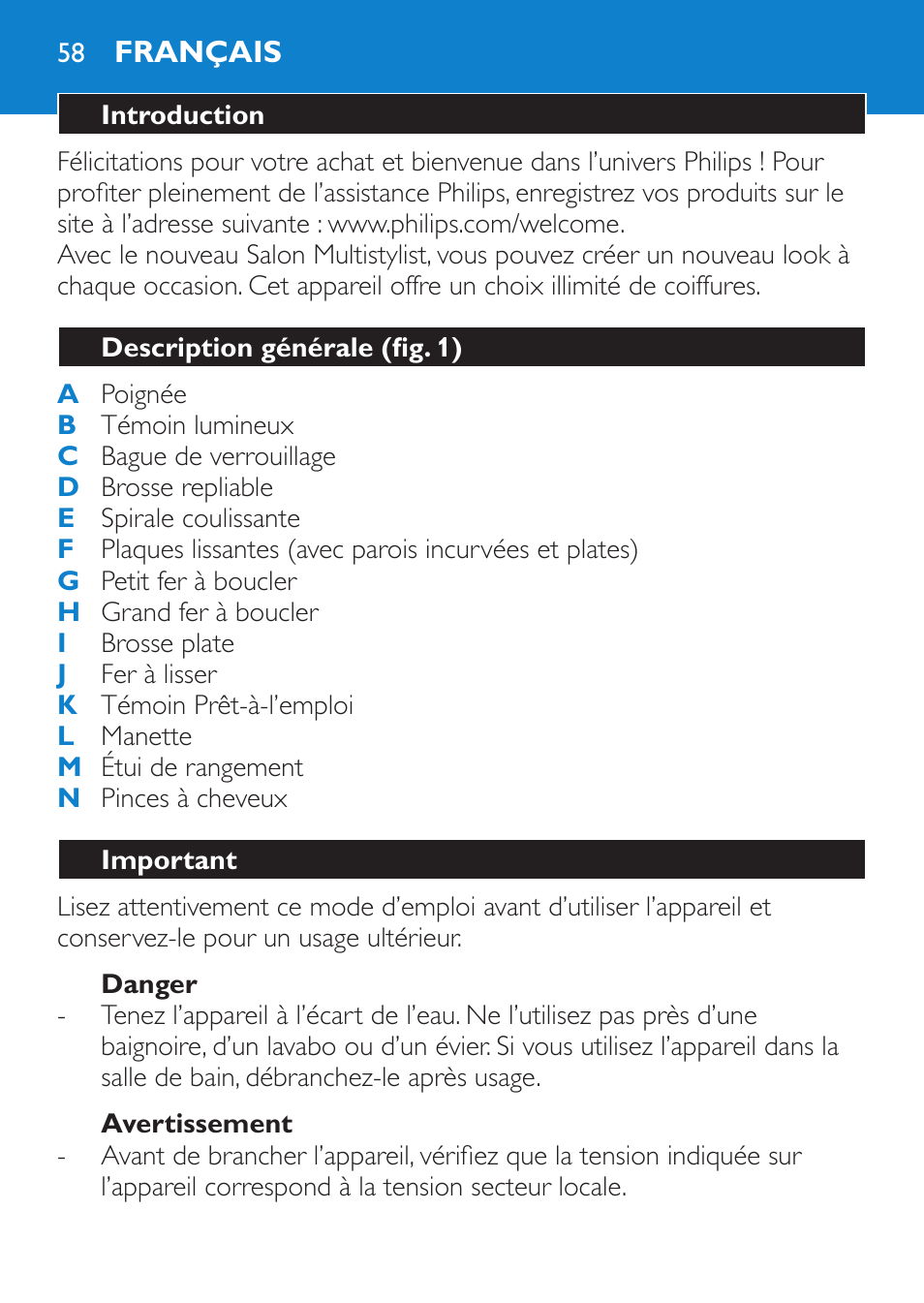 Danger, Avertissement, Français | Introduction, Description générale (fig. 1), Important | Philips SalonMultistylist Plancha multiestilo User Manual | Page 58 / 120