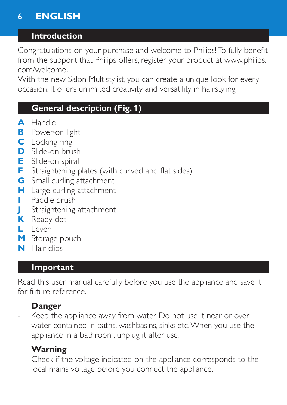 English, Introduction, General description (fig. 1) | Important, Danger, Warning | Philips SalonMultistylist Plancha multiestilo User Manual | Page 6 / 120