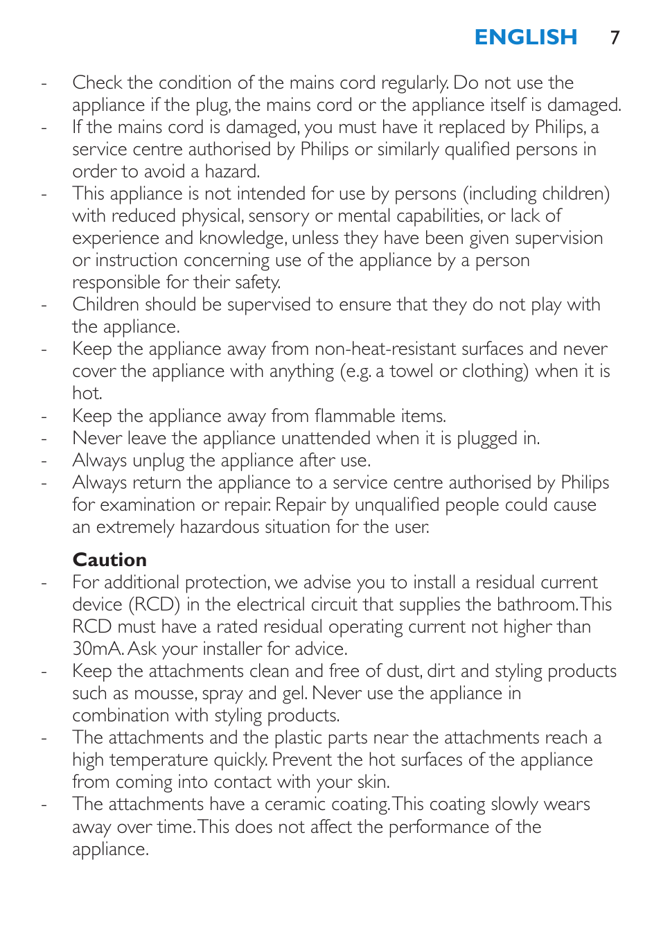 Caution | Philips SalonMultistylist Plancha multiestilo User Manual | Page 7 / 120