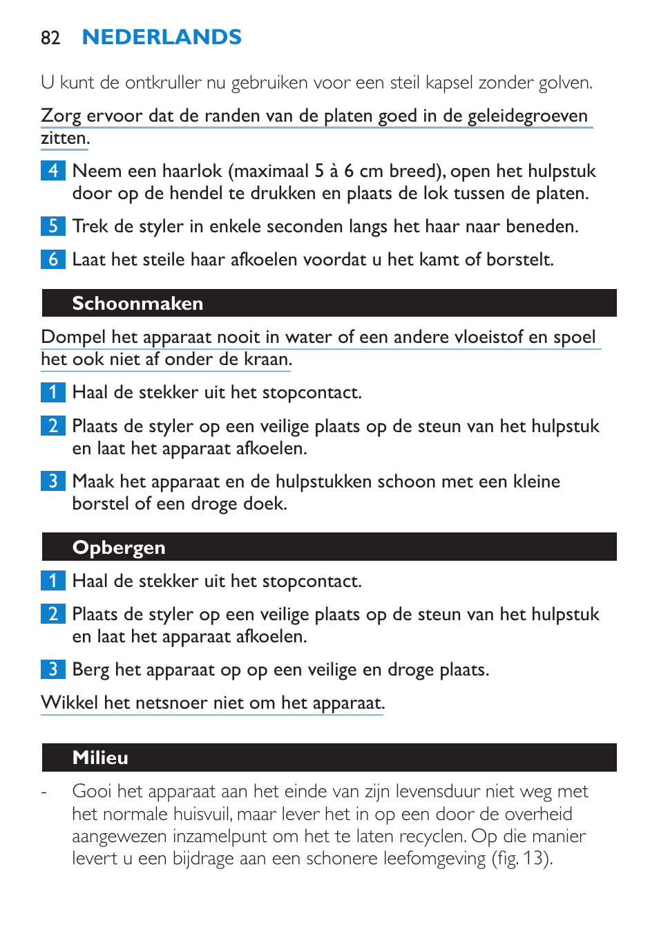 Schoonmaken, Opbergen, Milieu | Philips SalonMultistylist Plancha multiestilo User Manual | Page 82 / 120