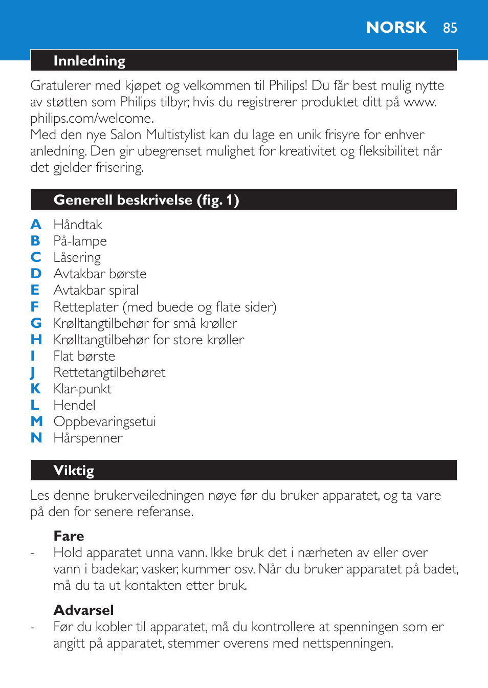 Fare, Advarsel, Norsk | Innledning, Generell beskrivelse (fig. 1), Viktig | Philips SalonMultistylist Plancha multiestilo User Manual | Page 85 / 120