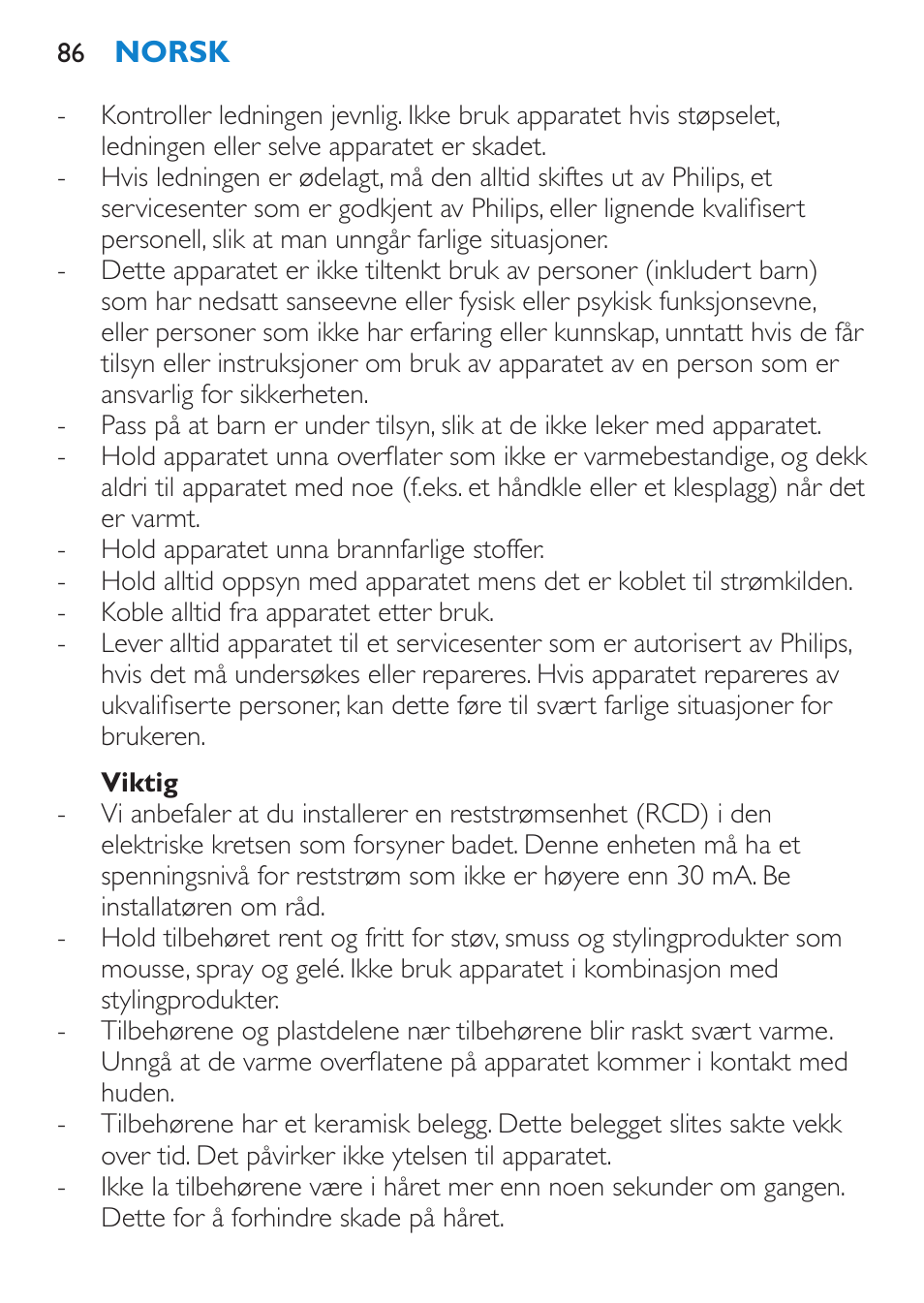 Viktig | Philips SalonMultistylist Plancha multiestilo User Manual | Page 86 / 120