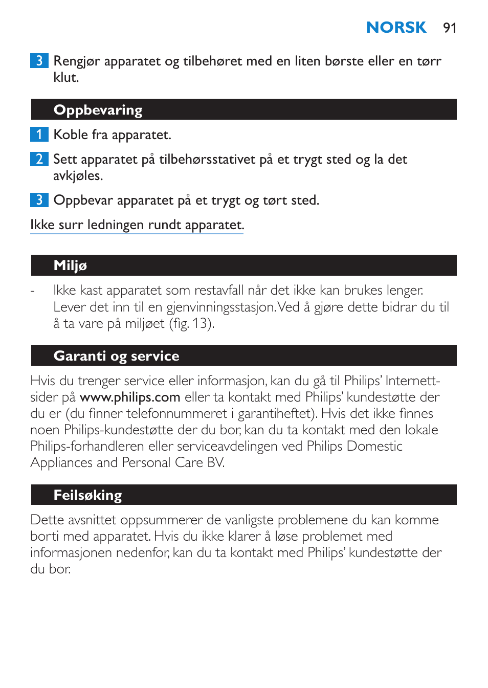 Oppbevaring, Miljø, Garanti og service | Feilsøking | Philips SalonMultistylist Plancha multiestilo User Manual | Page 91 / 120
