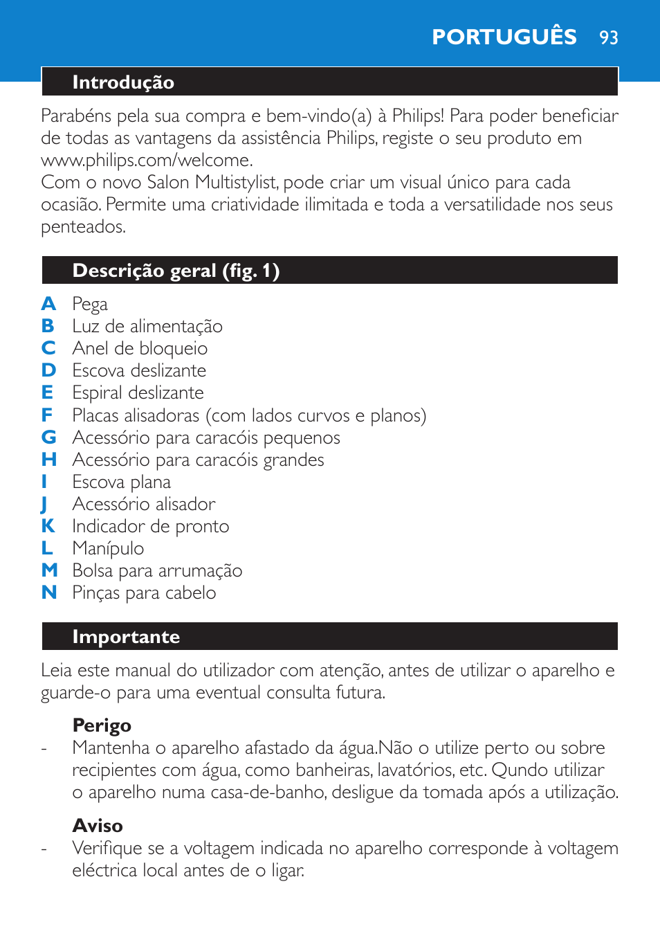 Perigo, Aviso, Português | Introdução, Descrição geral (fig. 1), Importante | Philips SalonMultistylist Plancha multiestilo User Manual | Page 93 / 120
