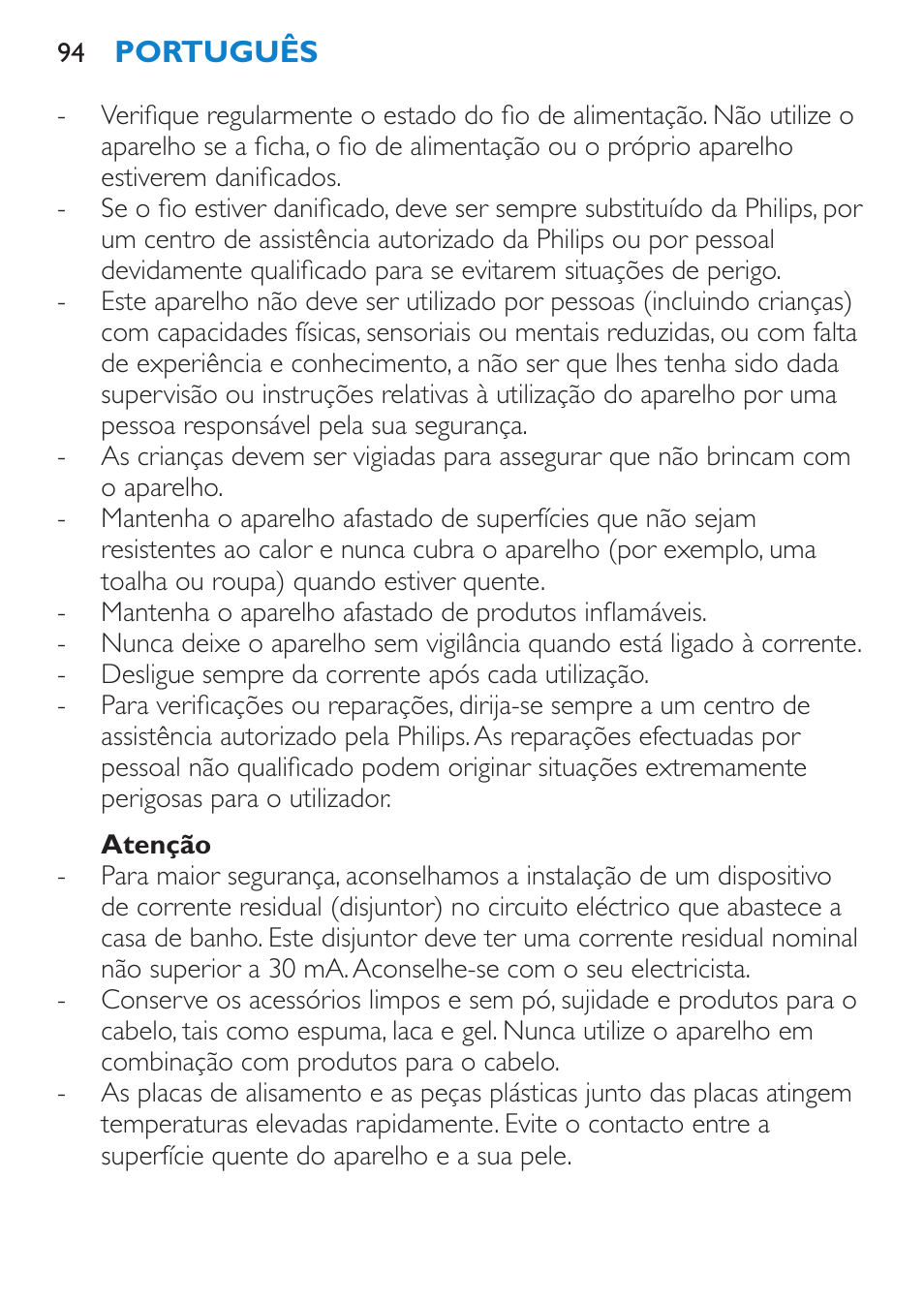 Atenção | Philips SalonMultistylist Plancha multiestilo User Manual | Page 94 / 120