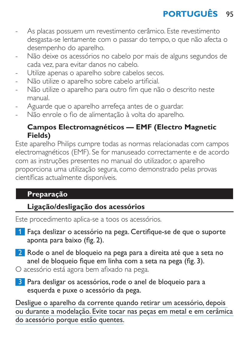 Preparação, Ligação/desligação dos acessórios | Philips SalonMultistylist Plancha multiestilo User Manual | Page 95 / 120