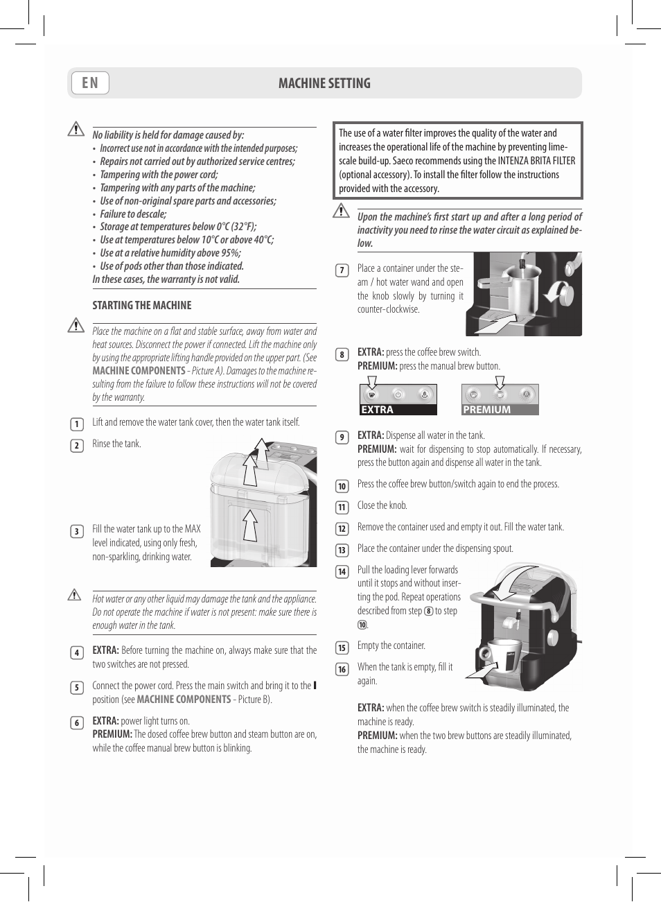 Machine setting | Philips Saeco Lavazza A Modo Mio Extra en rojo User Manual | Page 12 / 92